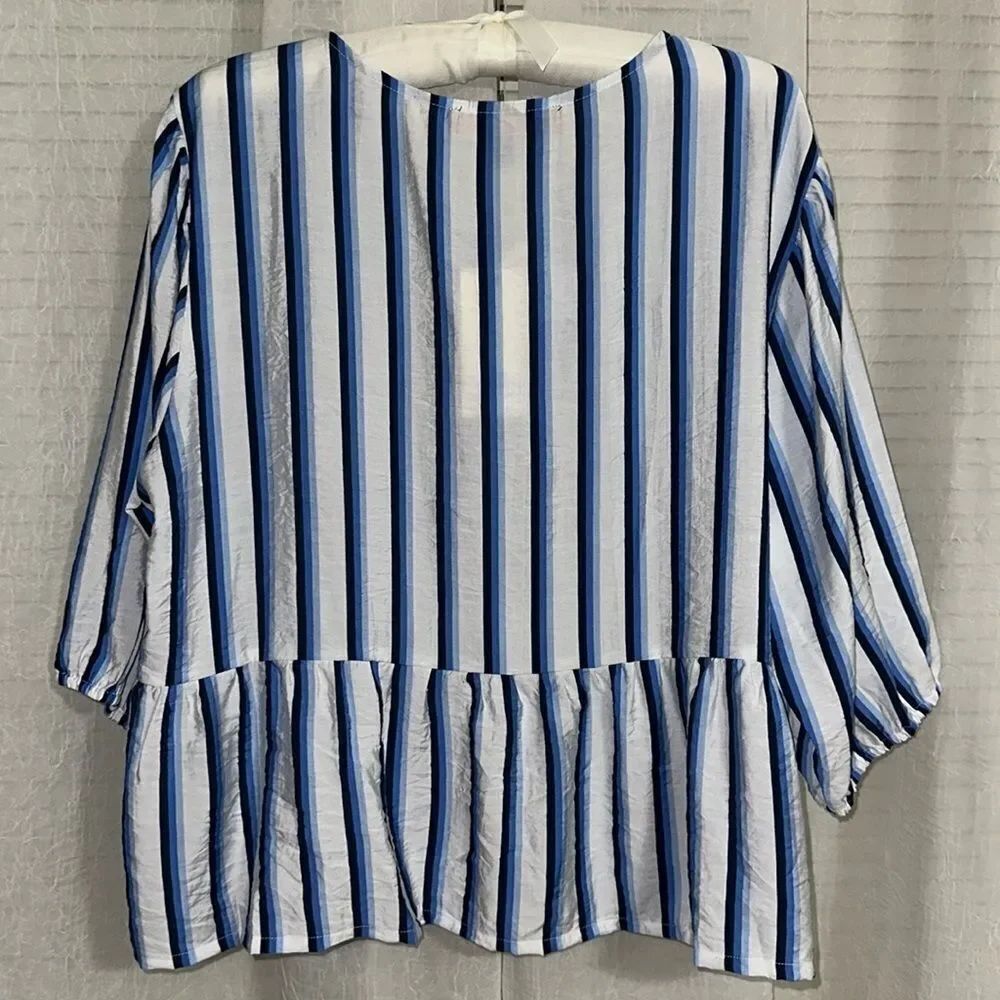 hester & orchard L White Blue Stripe Baby Doll Front Ties Quarter Sleeve Blouse - Picture 4 of 10
